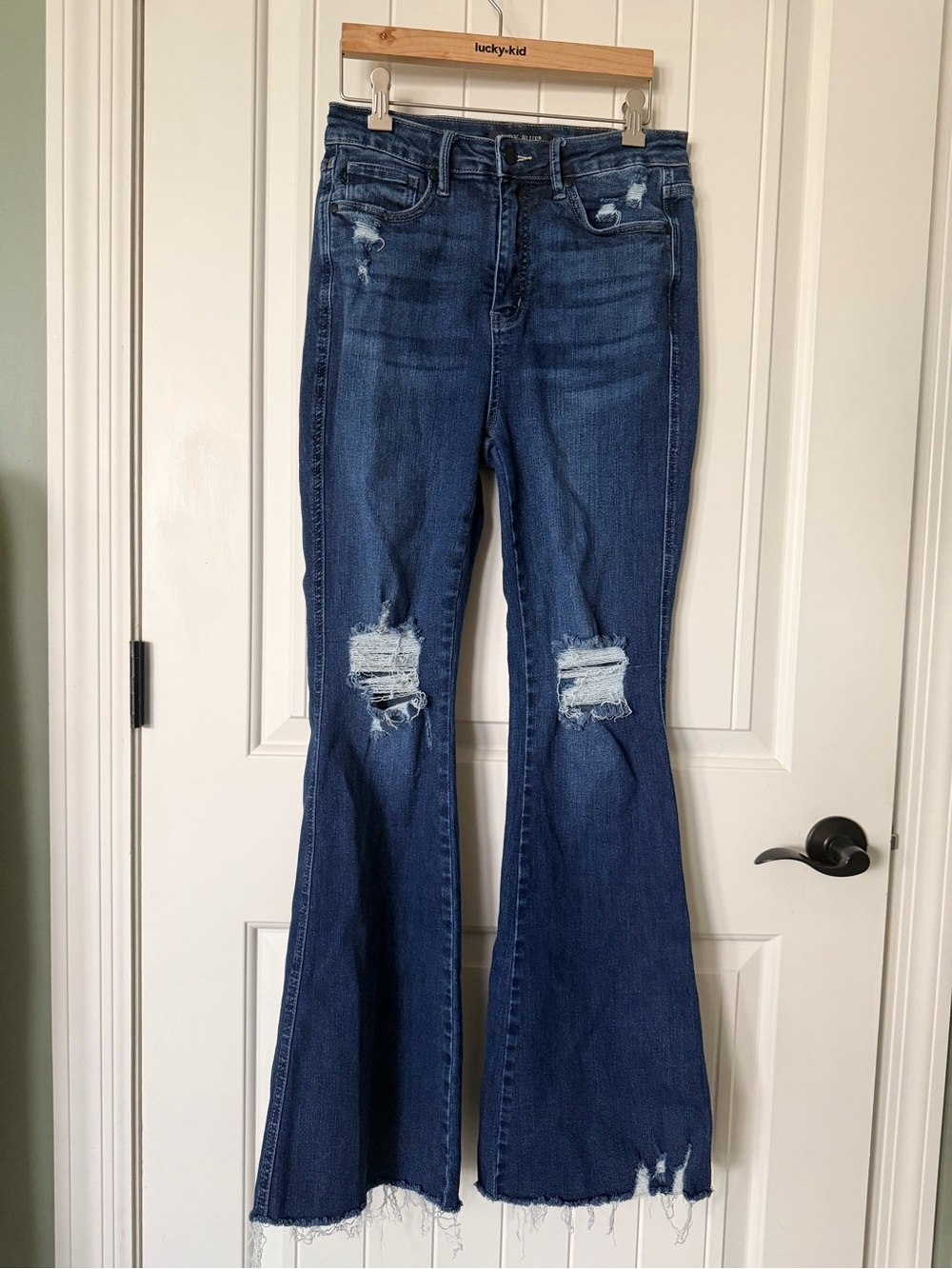 Judy Blue High Rise Distressed Flare Jeans Raw Hem 7/28